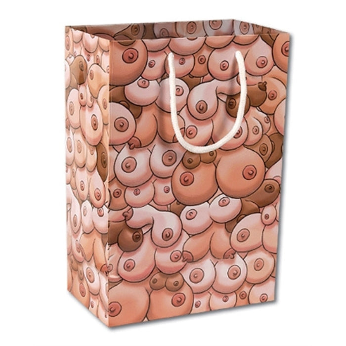 Too big or too many to wrap? Bag it. Your gift will surely stand out in this hilarious boobie bag. Gift bag measures approximately 4 inches deep by 8 inches wide and 10 inches long. 2 nylon handles.