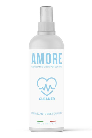 Sleek white Amore alcohol-free toy cleaner spray bottle from Lady Jane Adult Shop