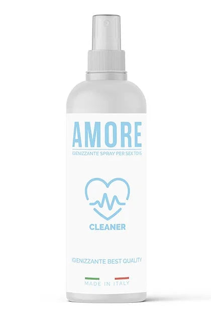 Sleek white Amore alcohol-free toy cleaner spray bottle from Lady Jane Adult Shop