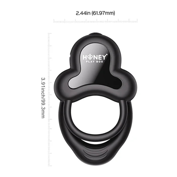 Black silicone anello vibrating double cock ring with clitoral stimulator featuring long distance control for erection firmness and thrust count
