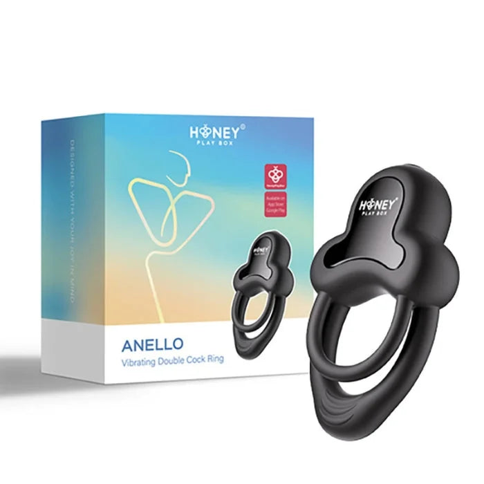 Black silicone vibrating double cock ring with clitoral stimulator from honey play box enhances erection firmness and thrust count