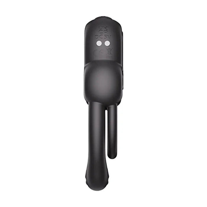 Black silicone anello vibrating double cock ring with clitoral stimulator features white details for erection firmness and long distance control