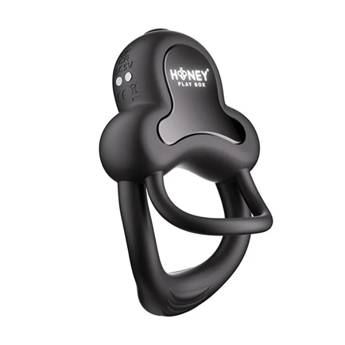Black silicone anello vibrating double cock ring with contoured design and honey play box logo for erection firmness and long distance control