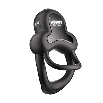 Black silicone anello vibrating double cock ring with contoured design and honey play box logo for erection firmness and long distance control
