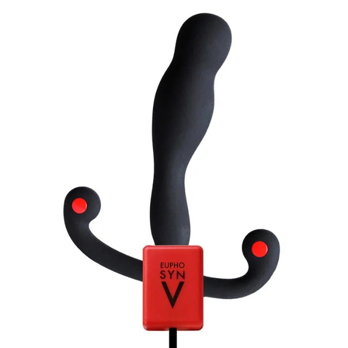 Black Aneros Eupho Syn V prostate massager with red accent, curved handles