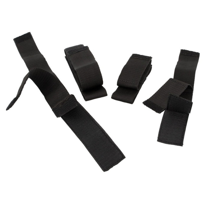 The 4-piece bondage set, includes 2 shackles each for elbows and knees as well as for wrists and ankles. The restraints are unpadded and made of robust webbing material. With the velcro fasteners the restraints fit most sizes and allow for a variety of deferent fixation options. All restraints as a double strap, 35 - 52 cm long or 26 - 33 cm long, 5 cm wide.