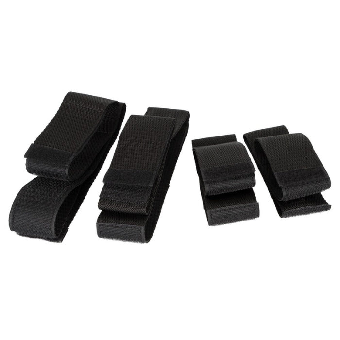 The 4-piece bondage set, includes 2 shackles each for elbows and knees as well as for wrists and ankles. The restraints are unpadded and made of robust webbing material. With the velcro fasteners the restraints fit most sizes and allow for a variety of deferent fixation options. All restraints as a double strap, 35 - 52 cm long or 26 - 33 cm long, 5 cm wide.