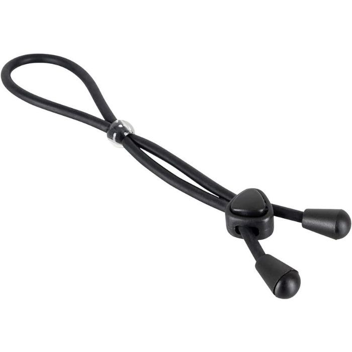 Black adjustable bungee cord for Bad Kitty Ball Loop Cock Ring enhancing firmer erection