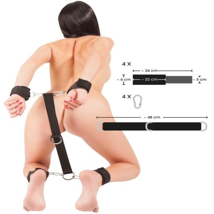 Includes 4x 34cm long and 6cm high hand and ankle cuffs. 1x joiner of 48cm and 4x connectors.