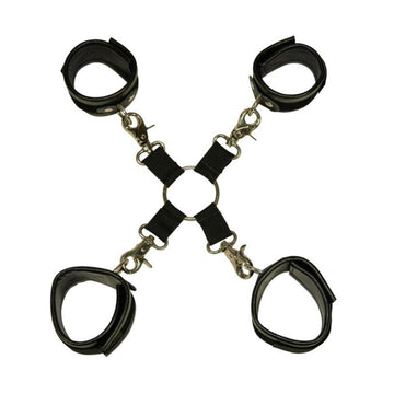 Bad Kitty Hogtie Set featuring a black bondage set with four leather cuffs and clips