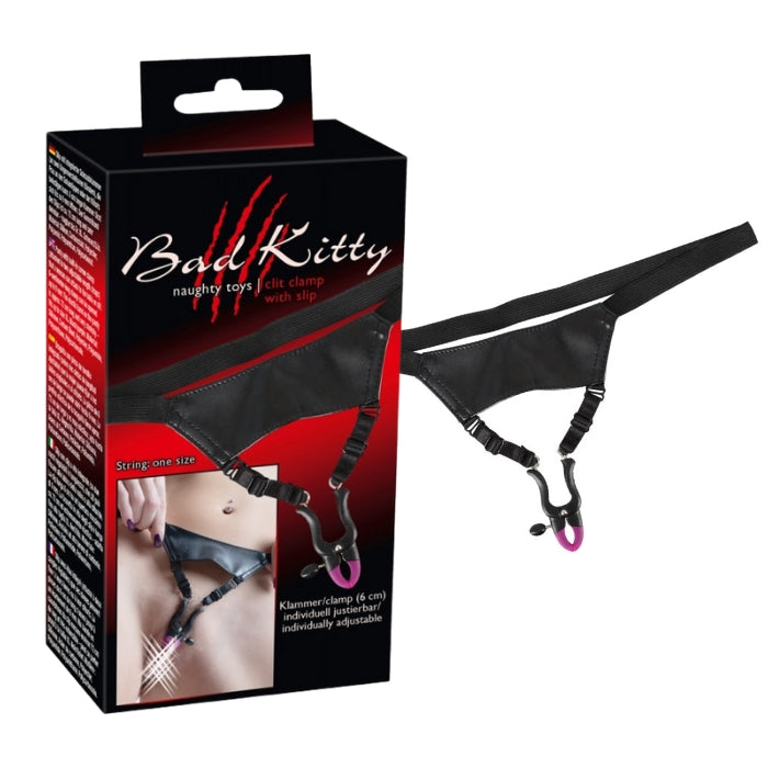 Strap-on harness with vibrating attachment and Elastic Waistband in Bad Kitty Labia Clamps