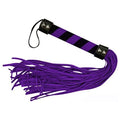 Purple and black striped Bad Kitty soft suede flogger for BDSM desires with leather tails