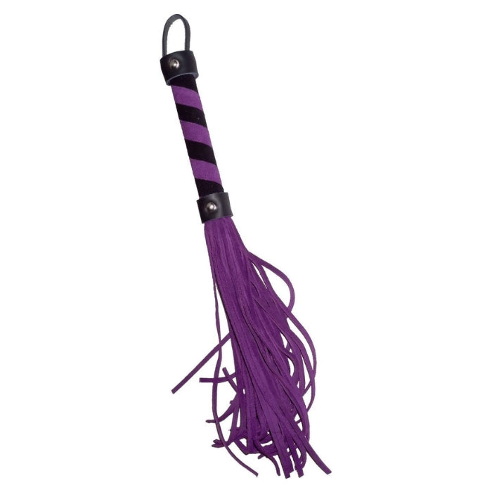 Purple leather Bad Kitty Whip with striped handle, perfect for BDSM desires and soft play