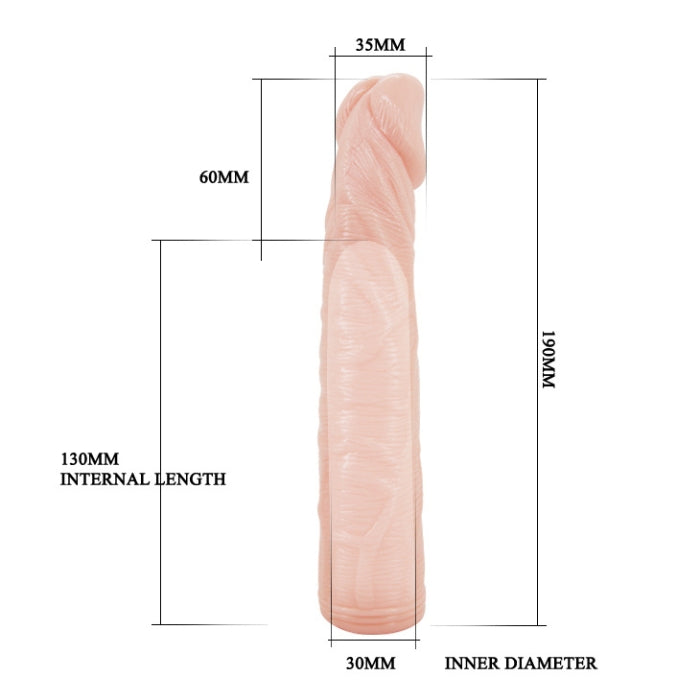 This penis sleeve extends your penis and increases your girth all the way around! Your partner will love the new you. It's lifelike material was developed to mimic the feel of the human body. It warms to body temperature and has just the right amount to give. To enjoy, simply stretch it over your erect penis, trim the base for a perfect fit.