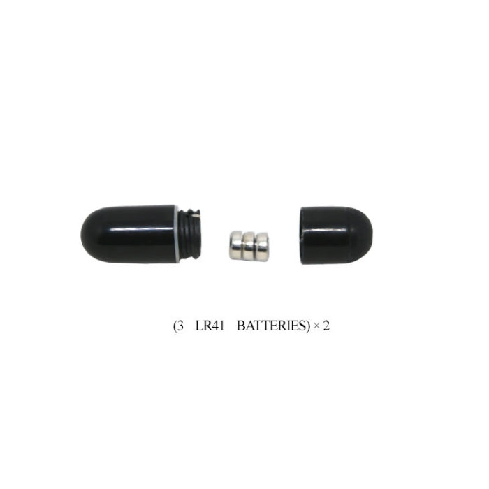 Bullet-shaped black container for Baile Double Cock Ring Rabbit with removable cap and batteries