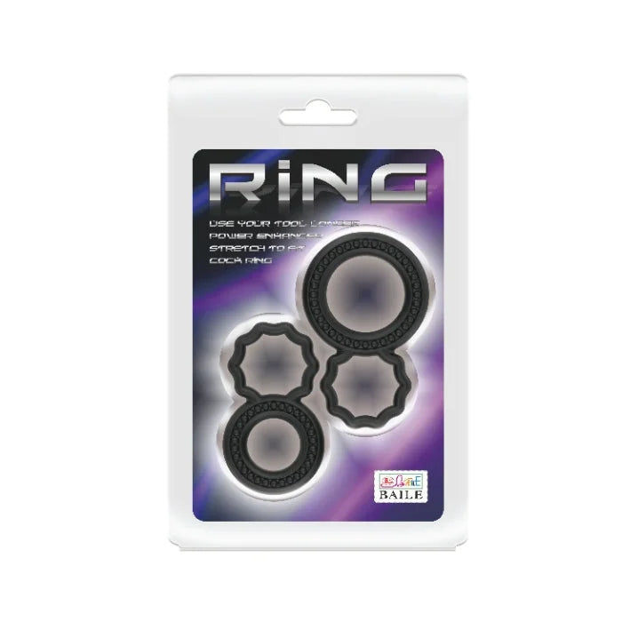 Baile Double Cock Ring Set in black silicone, 2 sizes