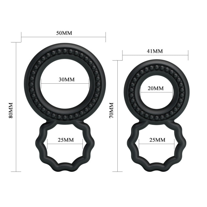 Baile Double Cock Ring Set in black silicone with beaded edge, 2 sizes