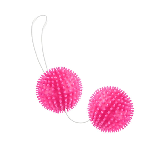 Bright pink spiky Baile Twin Ball kegel duo on white string