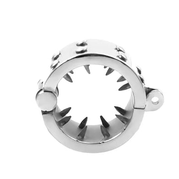 Silver stainless steel spiked ball stretcher cock ring with sharp interior spikes and clasp mechanism