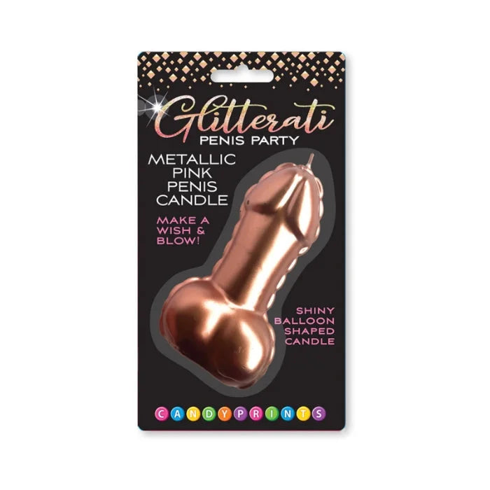 Metallic pink balloon shaped penis candle from lady jane adult shop made of shiny material for playful decor