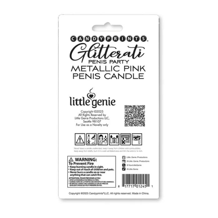 Metallic pink balloon shaped penis party candle by candyprints in white packaging with lady jane adult shop branding