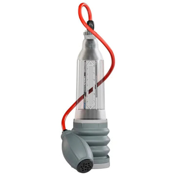 Bathmate Hydroxtreme6 clear penis pump with gray vacuum and red hose to improve erection