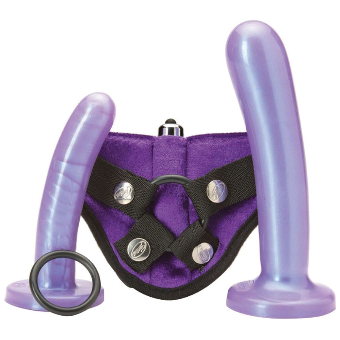 This kit has two smooth 100% Ultra-Premium Silicone dildos, Medium and Large, a 1.45" O-ring, and comes with a vibrating velvet harness that is comfortable, adjustable (fits up to 60” hips), and machine washable. It also comes with a One Touch Vibe (bullet) that fits snugly into a pocket on the front of the harness for stimulation to both the strap-on wearer and their partner.