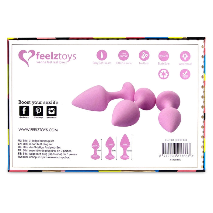 Whether you're looking for an introduction to anal sex toys or extra stimulation during sex, the FeelzToys Bibi butt plug unisex set is an excellent option for you. Dimensions: Small - 77 x 3 x 35 mm, weight: 28g Medium - 87 x 35 x 35 mm, weight: 44g Large - 97 x 4 x 35 mm, weight: 65g