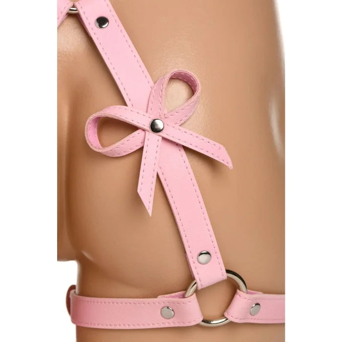 Bondage Harness with Bows Pink M/L. Adjust the buckles on the thigh straps, waist strap and wrist cuffs for a custom and comfortable fit. Measurements: waist strap adjusts from 26 inches to 42 inches circumference. Thigh straps adjust from 13 inches to 26 inches circumference. Wrist cuffs adjust from 5.75 inches to 10.25 inches circumference.