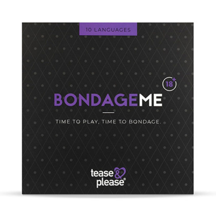 Black rectangular bondageme tease light bondage piece set box with purple text diamond pattern and tease & please branding