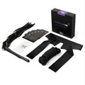 Black leather flogger with textured handle and multiple thin straps from bondageme tease light bondage piece set