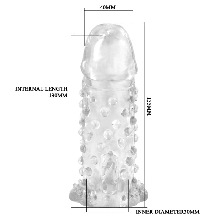 Textured silicone Brave Man Penis Sleeve Nodule with measurements for extra length use