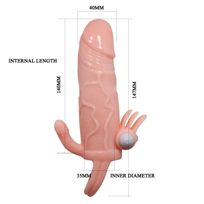 Flesh-colored silicone Brave Man Penis Sleeve with mini bullet and labeled dimensions