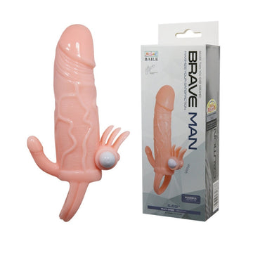 Flesh-colored Brave Man Penis Sleeve with mini bullet and anatomical features beside packaging