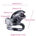 Clear brutus shark chastity cage with curved ringed base and molded interior for lightweight denial play