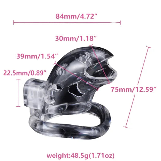 Clear brutus shark chastity cage with curved ringed base and molded interior for lightweight denial play