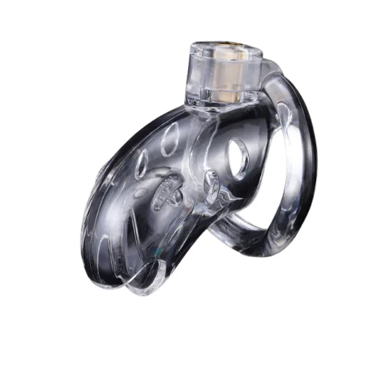 Clear brutus shark chastity cage with transparent lock mechanism designed for lightweight feel and denial play