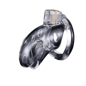 Clear brutus shark chastity cage with transparent lock mechanism designed for lightweight feel and denial play