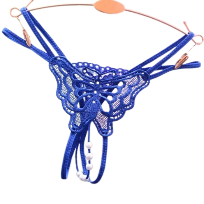 Blue butterfly crotchless g-string with pearl lace embellishments