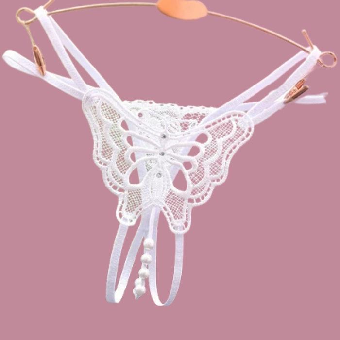 White lace butterfly crotchless g-string with pearl beads