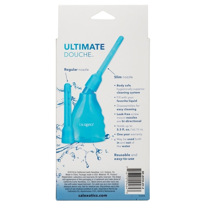 The Ultimate Douche includes a transparent bottle, slip applicator tip and multi-directional probe. The Ultimate Douche is made from Polyethylene.