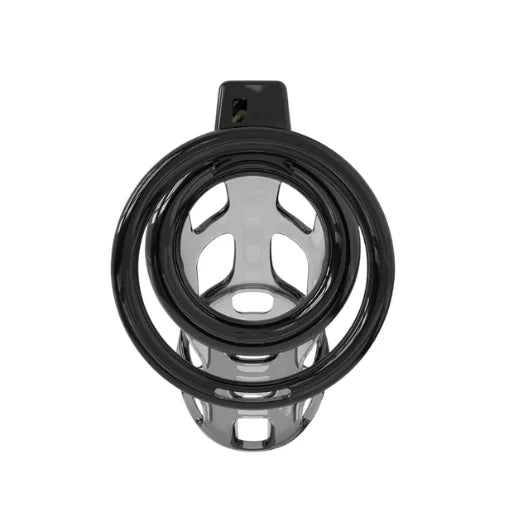 Black and silver metallic cellmate chastity cage size 1 cup holder with sleek circular cut-out design for denial play at lady jane shop