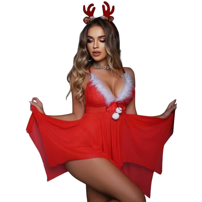 Christmas red lace babydoll with white fur trim and pom-poms