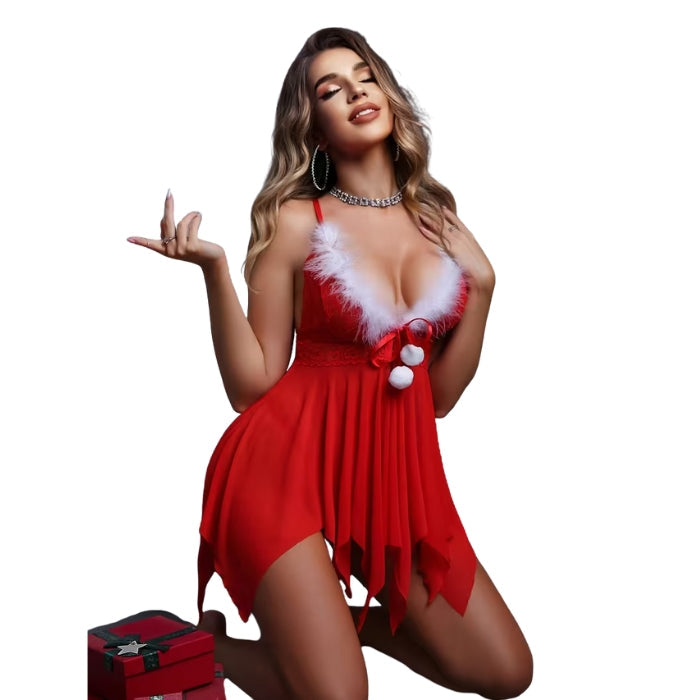 Christmas red lace babydoll with white fur trim and pom-poms