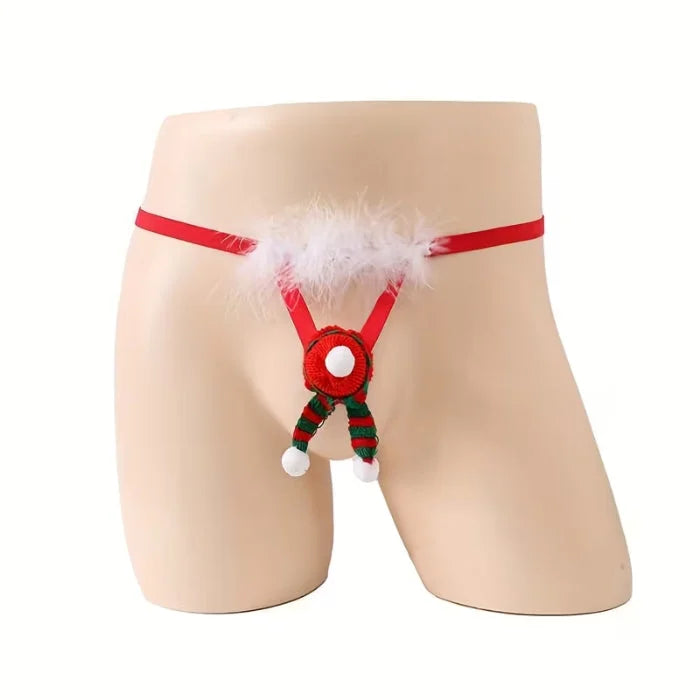 Red and green Santa hat G-string with knitted Santa for holiday parties