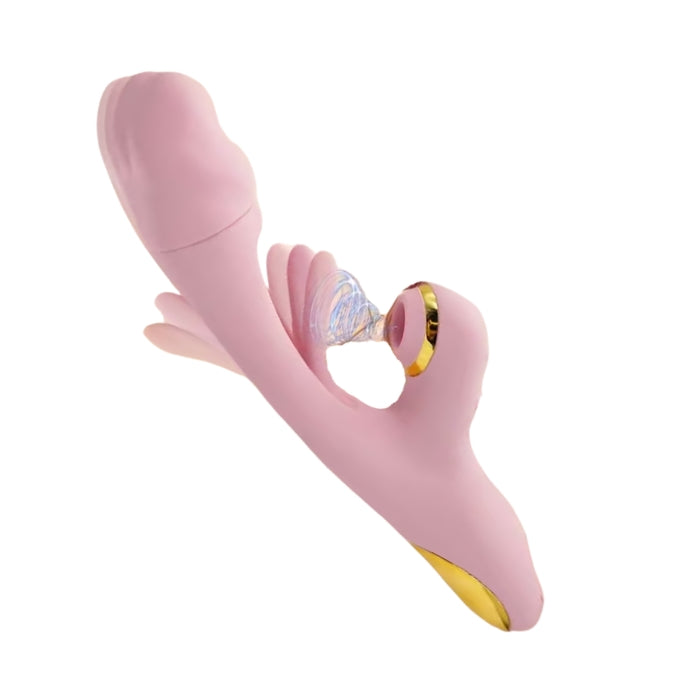 Pink silicone rabbit vibrator with clitoral sucker licker and flapping arm