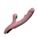 Pink silicone rabbit vibrator with gold accents, flapping clitoral arm and clitoral sucker licker for multiple erogenous zones