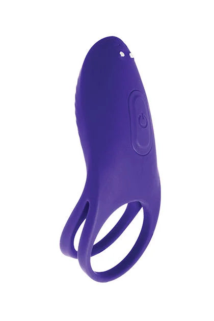 Purple body safe silicone cock ring vibe pleasures snugler remote control with power button and two small lights on top