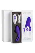 Purple body safe silicone snugler remote control dual vibrating cock ring vibe pleasures with charging cable in white packaging