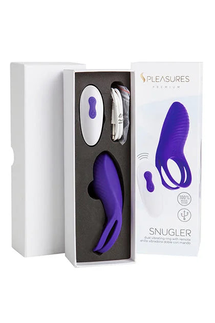 Purple body safe silicone snugler remote control dual vibrating cock ring vibe pleasures with charging cable in white packaging